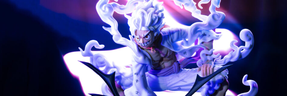 An action figure posing on two knees with a lightning bolt flashing behind it.