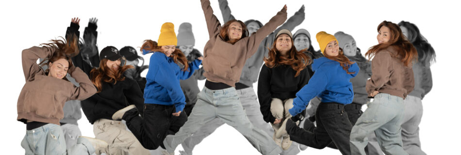A spread of multiple shots of a woman ju,ping and posing mid-air