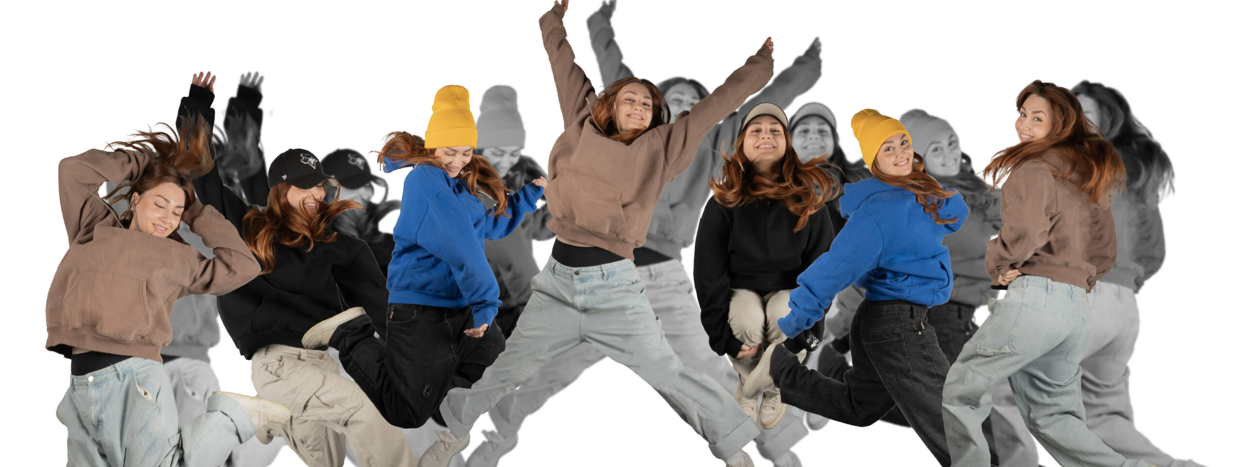 A spread of multiple shots of a woman ju,ping and posing mid-air